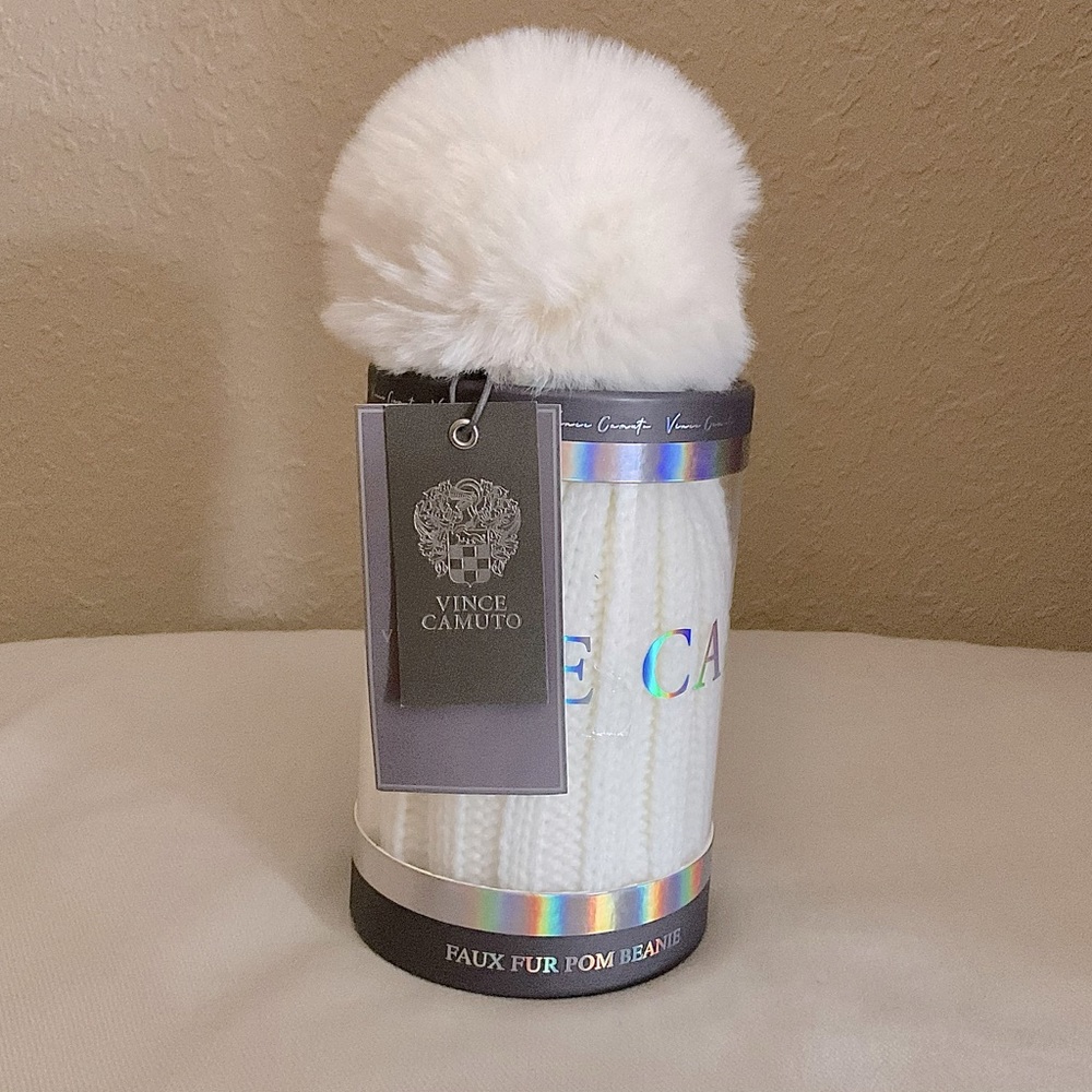 Vince Camuto Faux Fur Pom Cream Beanie with Gift Box and Gift Tag NWT